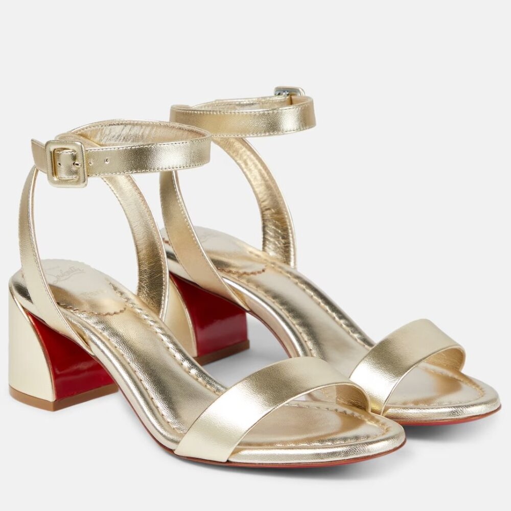 Christian Louboutin Gold Leather Ankle-Strap Sandals with Red Block Heel